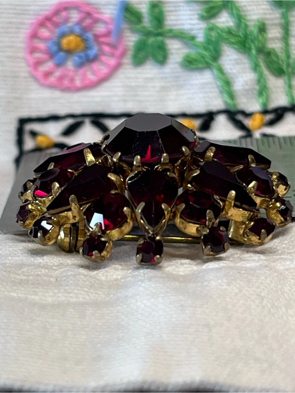 Vintage Austria Ruby Red Rhinestone Brooch High Dome Gold Tone MCM